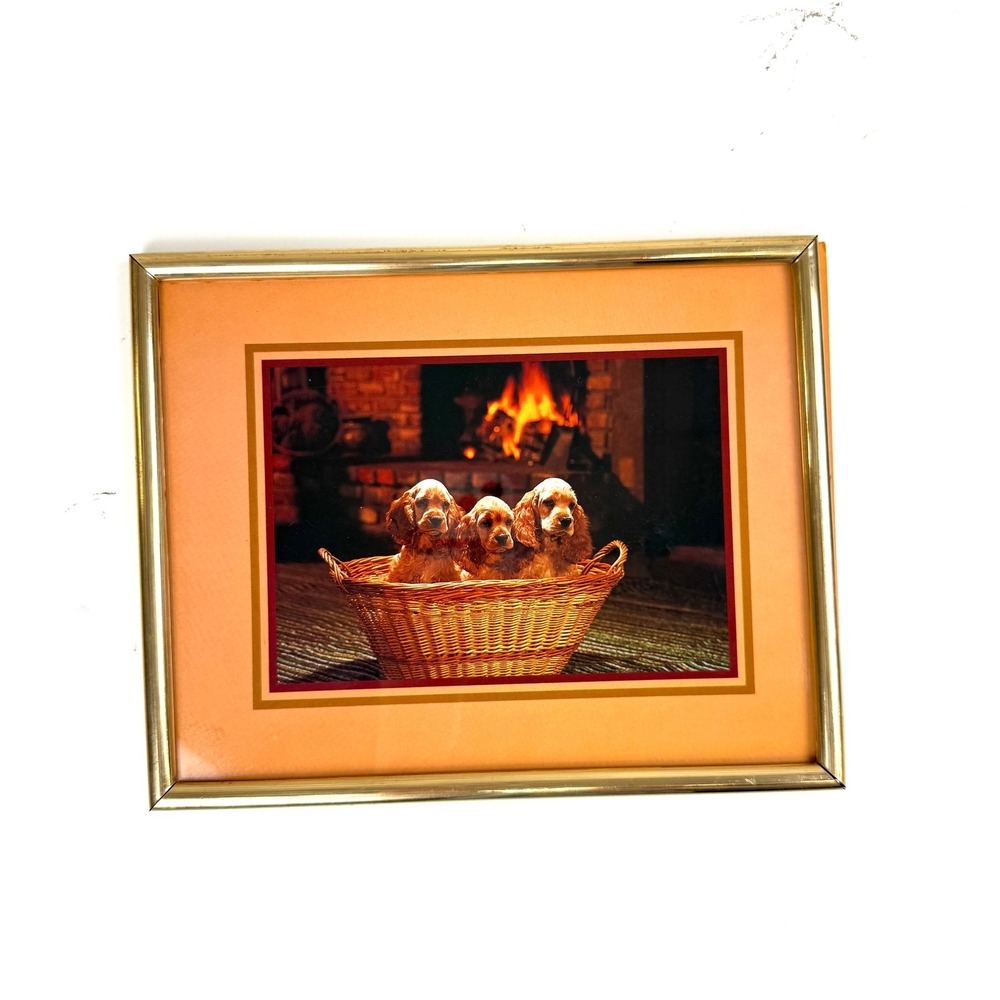 Vintage 90s Framed Puppy Print – Cocker Spaniels by the Fire in Wicker Basket